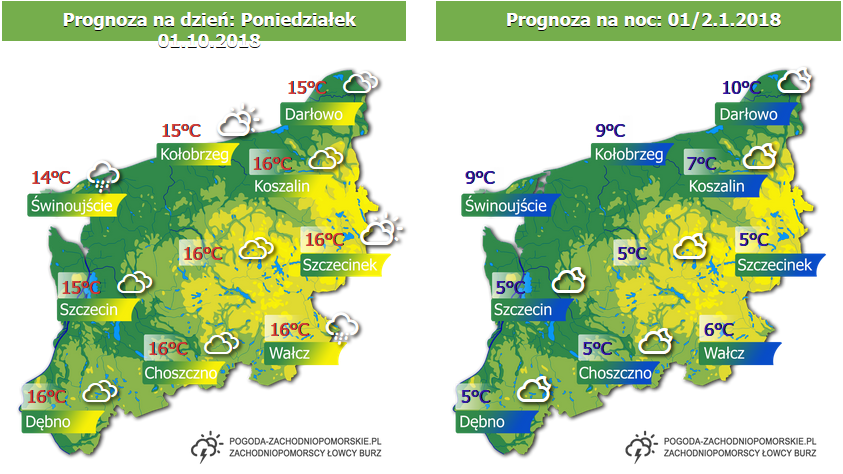 Prognoza pogody na poniedziałek 01.10.2018 oraz na noc z poniedziałku na wtorek