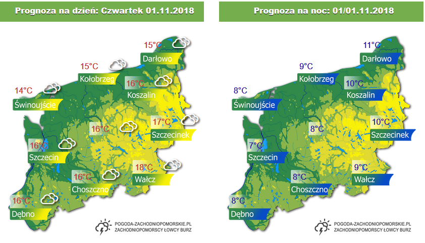 Prognoza pogody na czwartek 01.11.2018 oraz na noc z czwartku na piątek