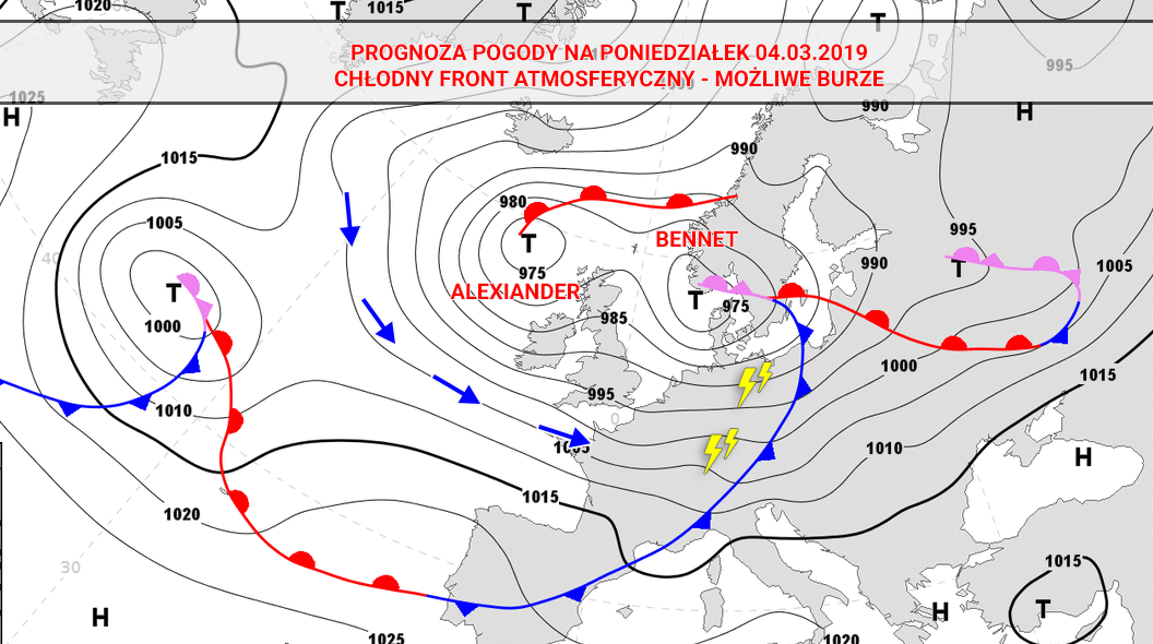 Prognoza pogody na poniedziałek 04.03.2019 - chłodny front atmosferyczny z możliwymi burzami