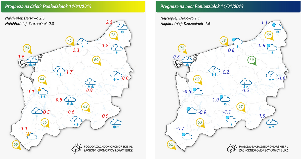 Prognoza pogody na poniedziałek 14.01.2019 oraz na noc z poniedziałku na wtorek