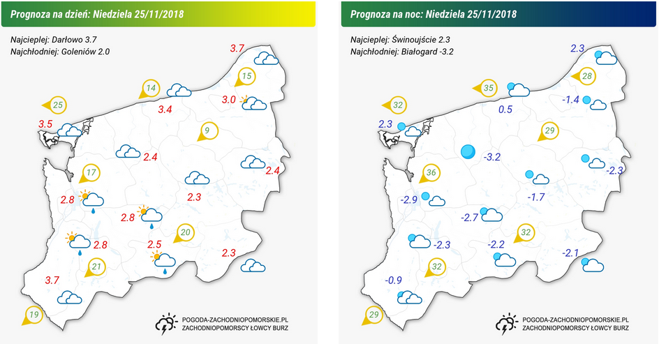 Prognoza pogody na niedzielę 25.11.2018 oraz na noc z niedzieli na poniedziałek