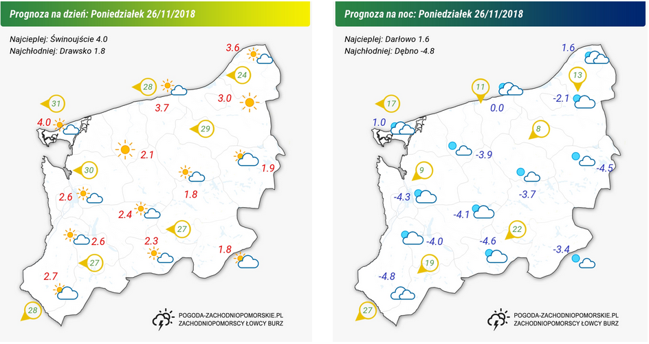 Prognoza pogody na poniedziałek 26.11.2018 oraz na noc z poniedziałku na wtorek