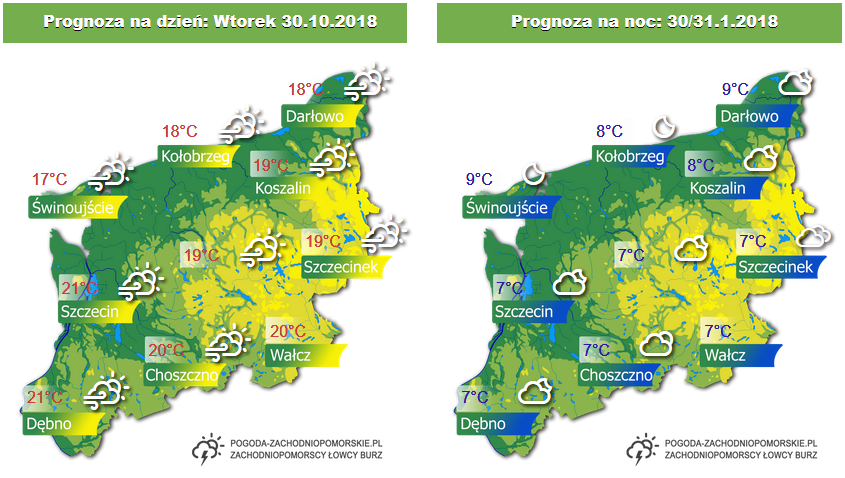 Prognoza pogody na wtorek 30.10.2018 oraz na noc z wtorku na środę